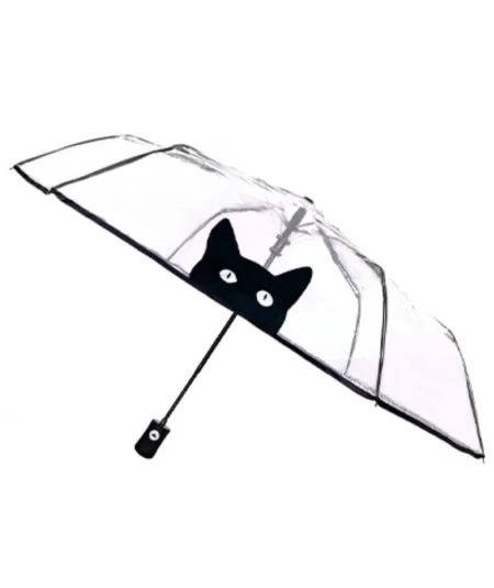 Kokoontaitettava musta kissa sateenvarjo, läpinäkyvä